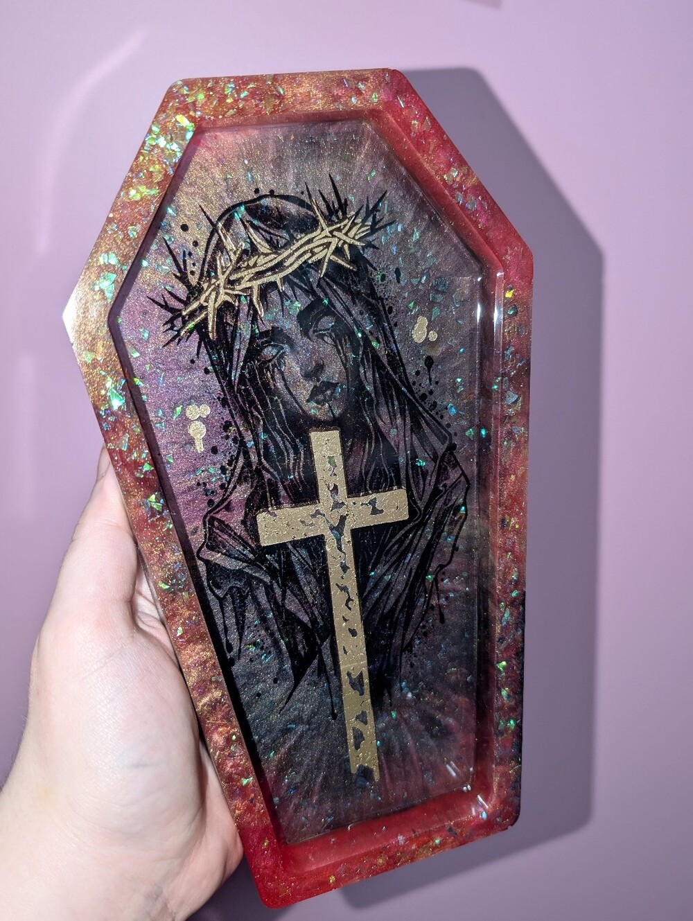 Handmade Gothic Glitter Nun Coffin Tray